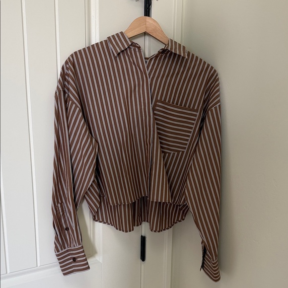 rag & bone Brown and White Striped Women's Button Down Shirt - Picture 1 of 4
